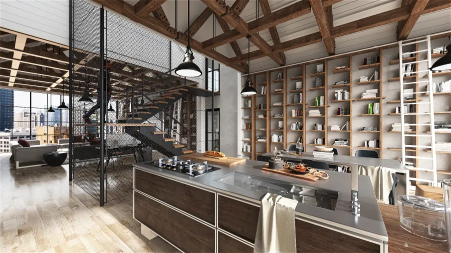 Industrial ColorScemeOther Beige Sala de estar/cocina 3d design renderings