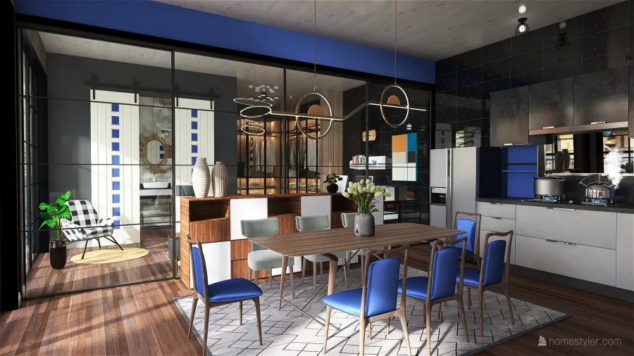 Industrial Black Blue Salon Comedor y Cocina 3d design renderings