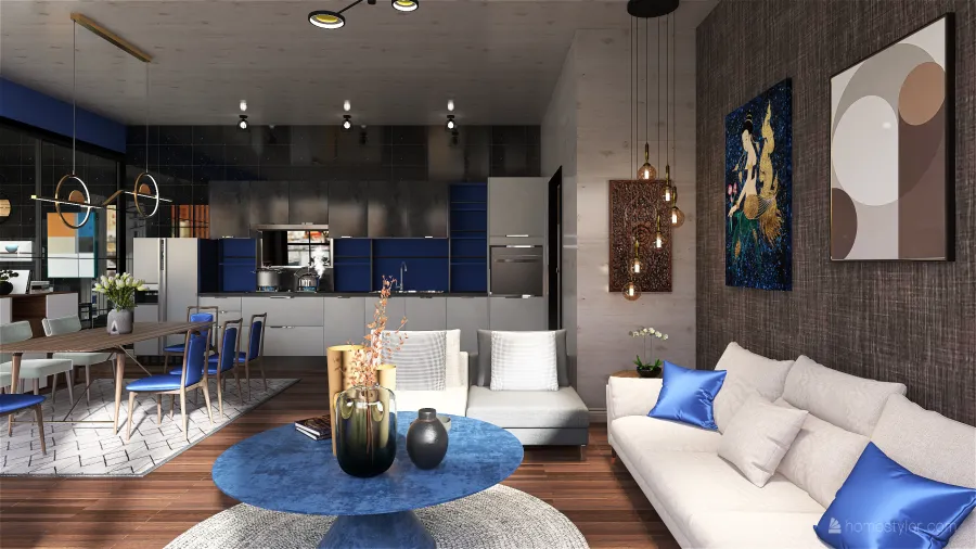 Industrial Black Blue Salon Comedor y Cocina 3d design renderings