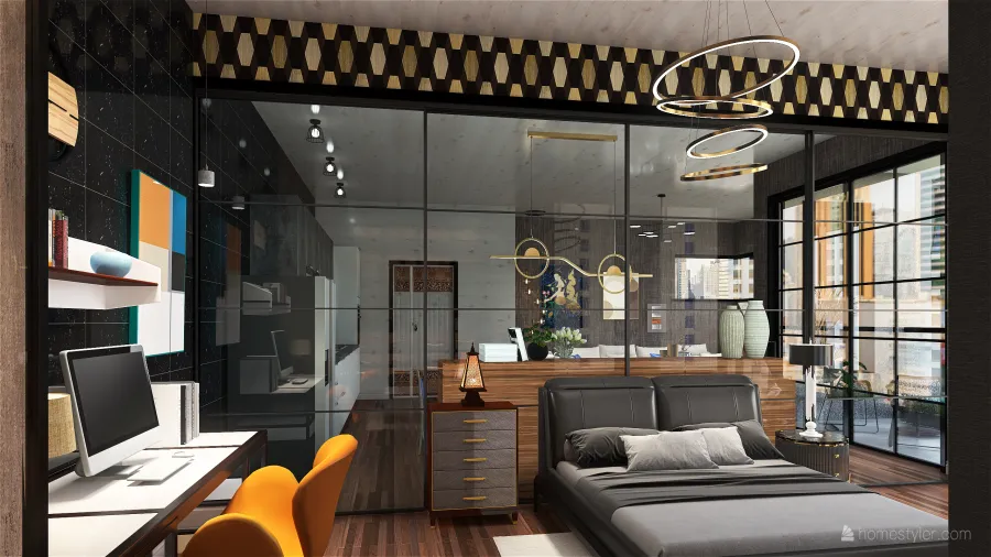 Industrial Black Blue Dormitorio y Vestidor 3d design renderings