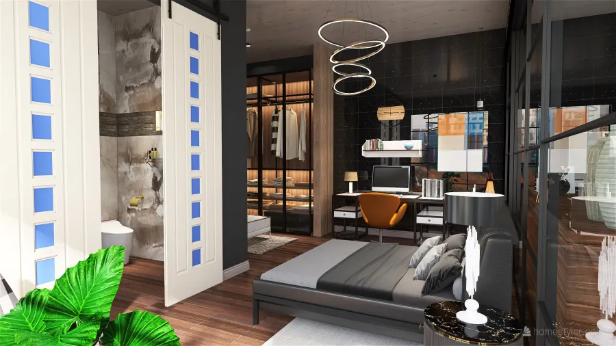Industrial Black Blue Dormitorio y Vestidor 3d design renderings
