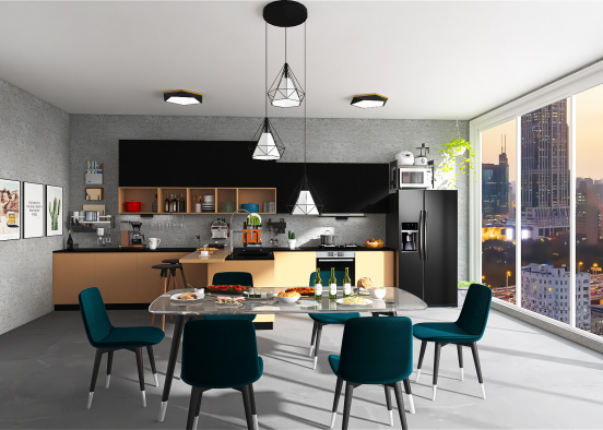 Salas de Estar e Jantar com Cozinha Industriais 71 Design Rendering
