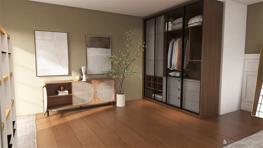 Calm bedroom with office and closet. 3d design renderings