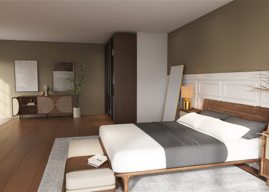 Calm bedroom with office and closet.  Design Rendering