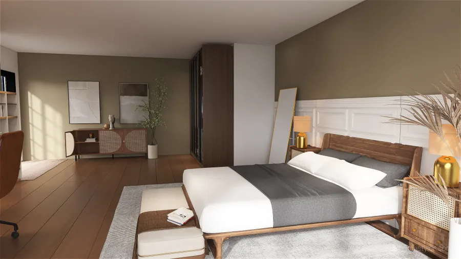 Calm bedroom with office and closet. 3d design renderings