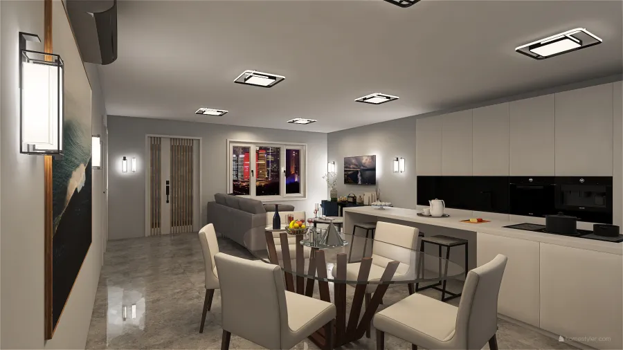 Sala de Estar/Jantar/ Cozinha 3d design renderings