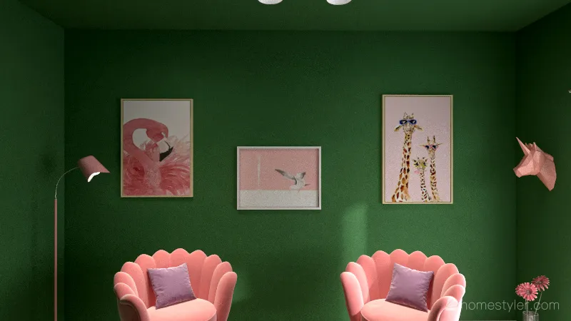 Pink & Green Living 3d design renderings