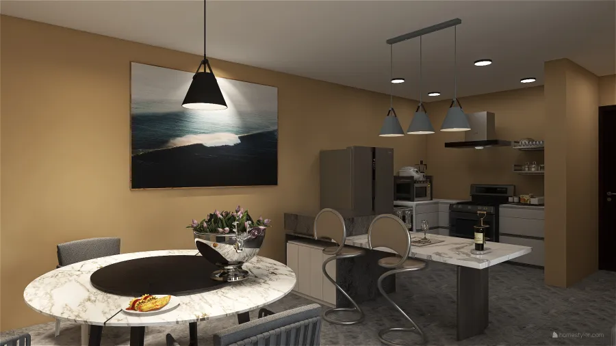 Livng room and Dining room and Kitchen 3d design renderings