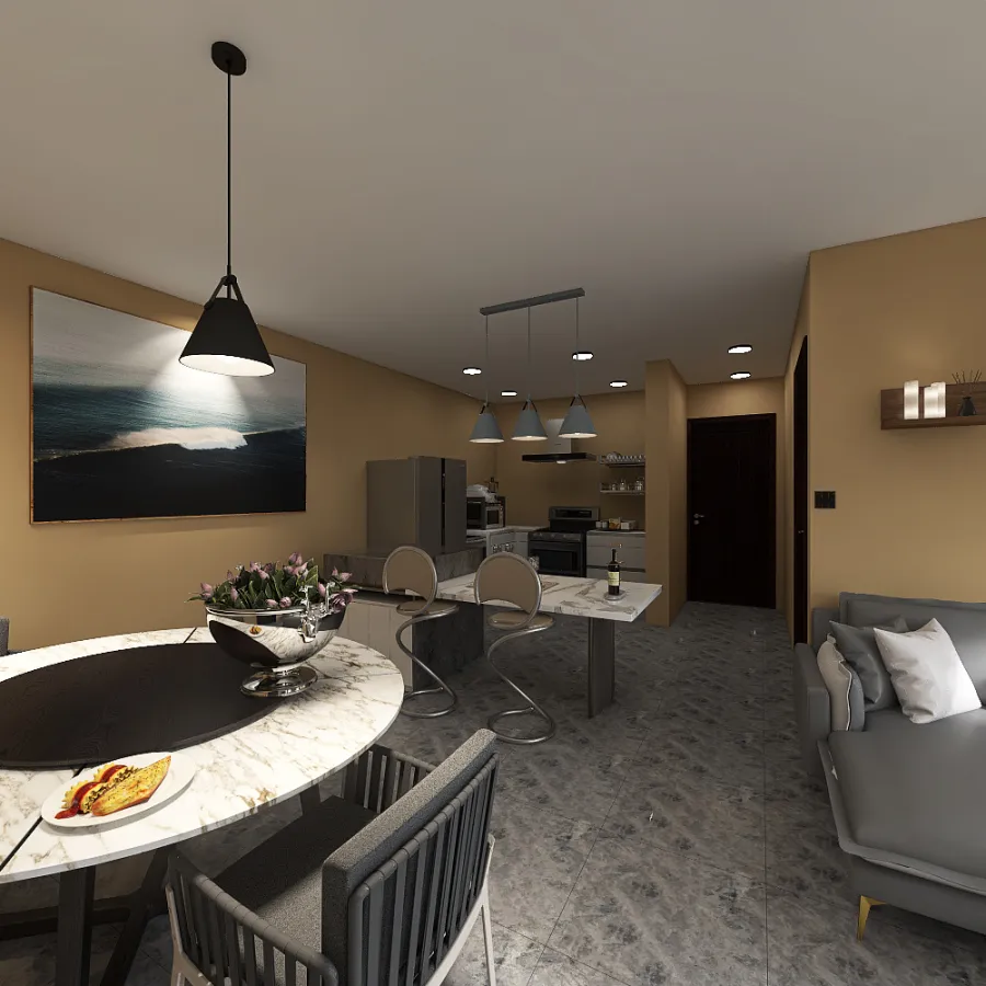 Livng room and Dining room and Kitchen 3d design renderings