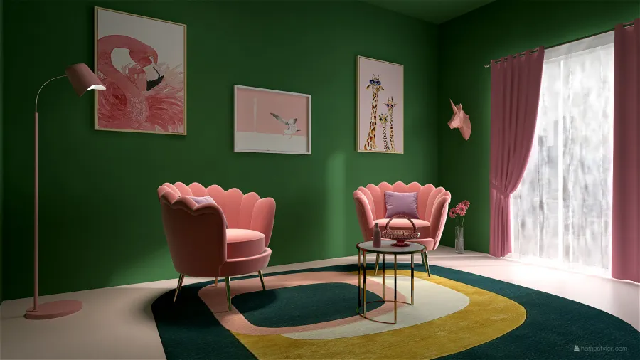 Pink & Green Living 3d design renderings