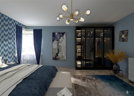 Master bedroom blue gold Design Rendering
