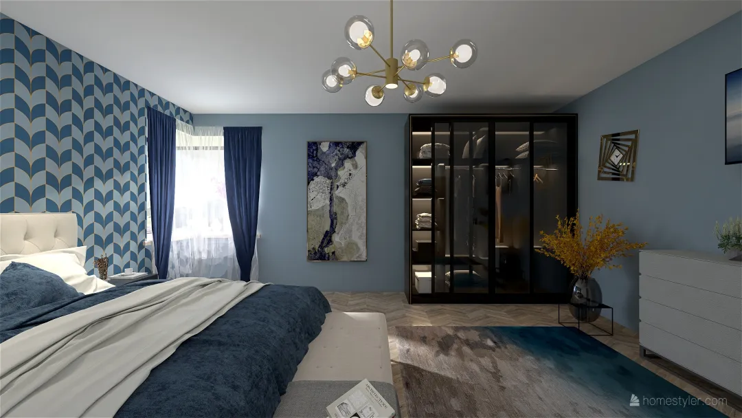 Master bedroom blue gold 3d design renderings