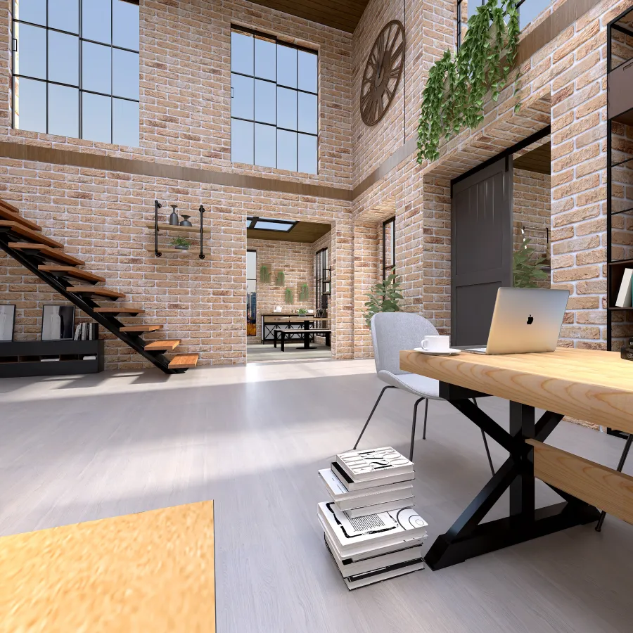Modern Industrial EarthyTones ColorScemeOther Beige Workspace 3d design renderings