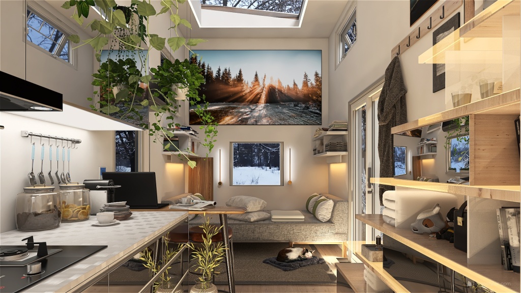 Modern Cosy and Functional Tiny House EarthyTones 3d design renderings