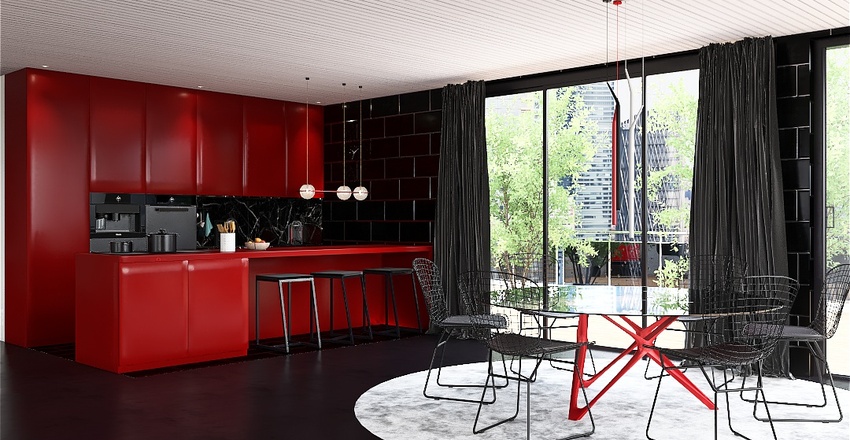 rooftop black & red Interior Design Render