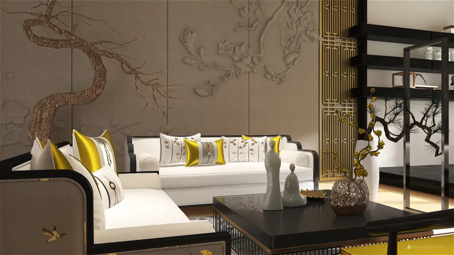 Asian ColdTones Grey Living Room 3d design renderings