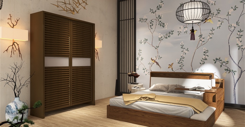 Asian ColdTones Grey Bedroom 3d design renderings