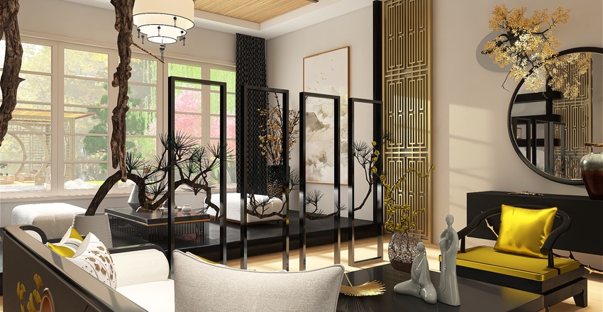 Asian ColdTones Grey Living Room 3d design renderings