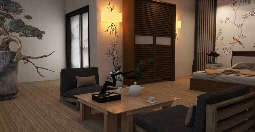 Asian ColdTones Grey Bedroom 3d design renderings