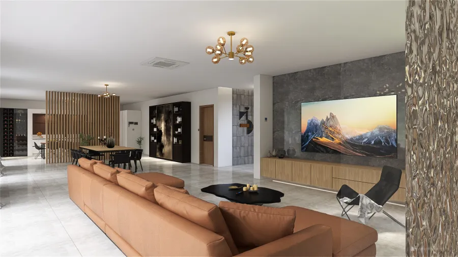Contemporary Beige Living and Dining Room 3d design renderings