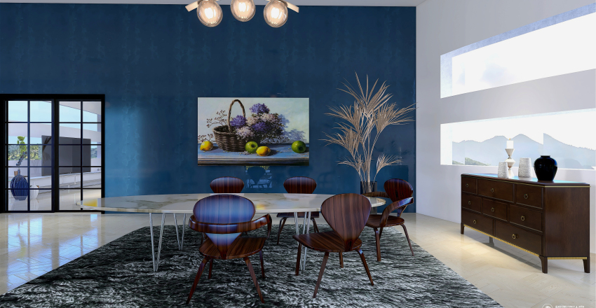 Contemporary Grey Blue Living and Dining Room 3d design renderings