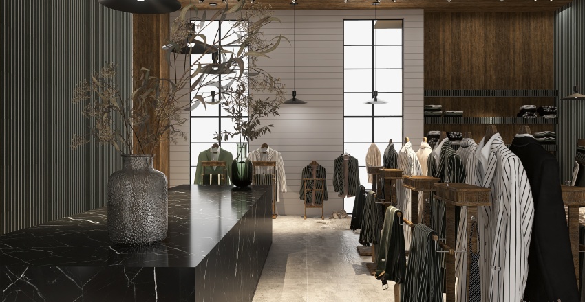 Modern Contemporary | MENS CLOTHING STORE | WoodTones Black White 3d design renderings