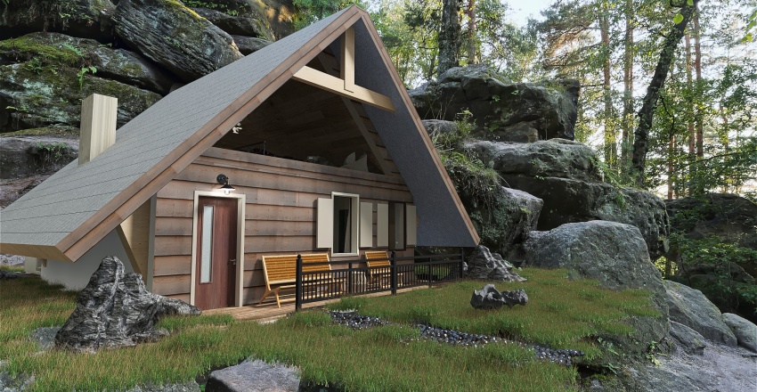 Farmhouse Adirondack Summer Cabin WoodTones 3d design renderings