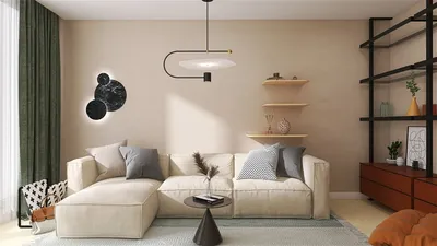 L-shaped sofa with modern cushions arranged in a cozy living room interior design, showcasing a minimalist style and enhancing the space with intelligent furniture arrangement features using Homestyler.