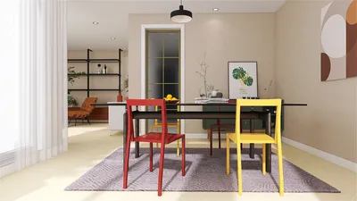 Colorful chairs enhance a modern dining area, showcasing intelligent furniture arrangement for small space optimization, utilizing Homestyler's real-time 3D rendering feature.