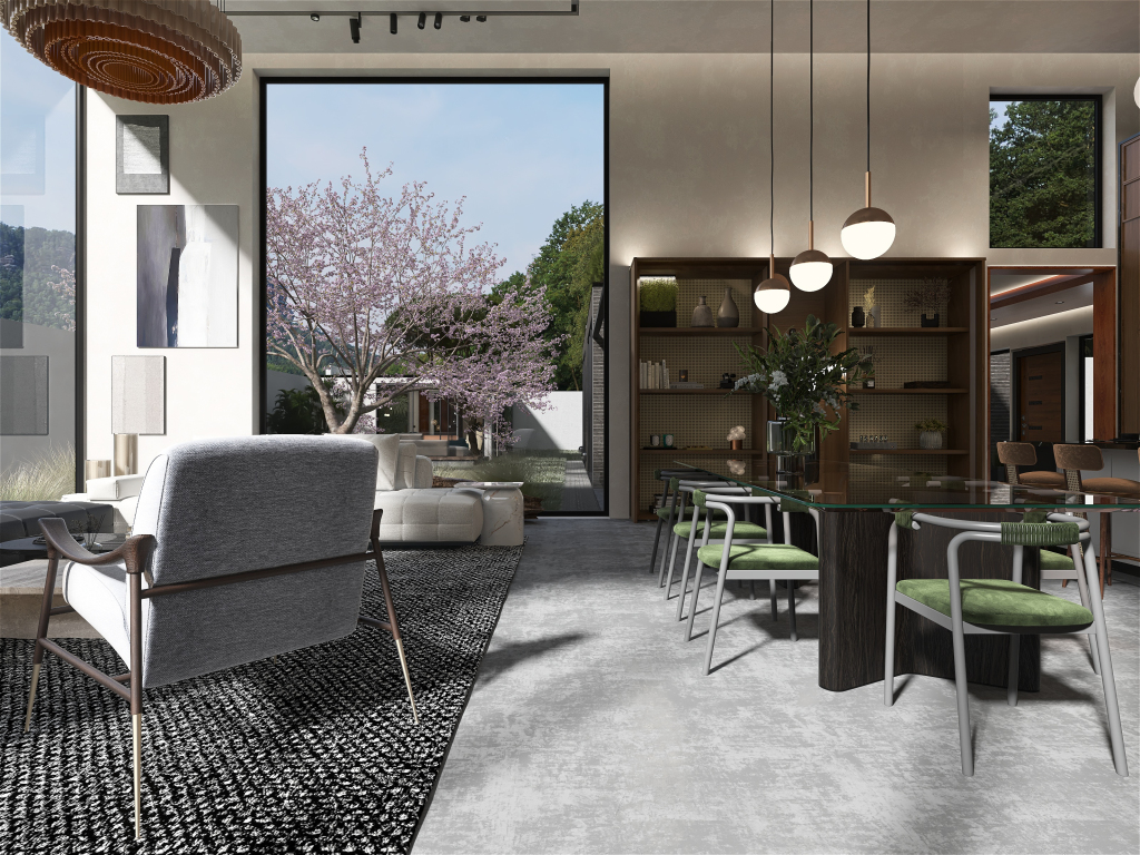 Modern Contemporary WoodTones Grey Great Room 3d design renderings