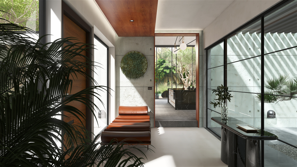 Modern Contemporary WoodTones Grey Hallway 3d design renderings