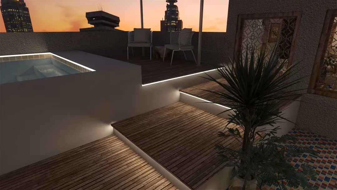 Modern Bohemian bar/ rooftop pool 3d design renderings