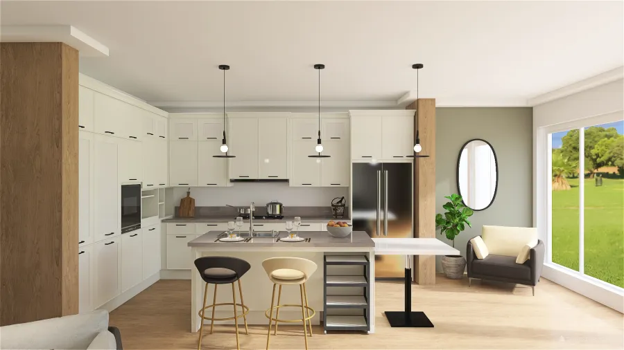 Living Room, Kitchen & Stairwell 3d design renderings