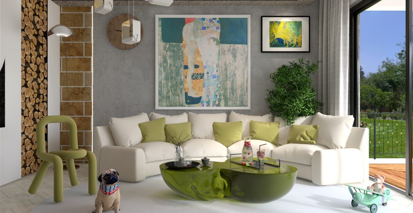 White and green living room 3d design renderings