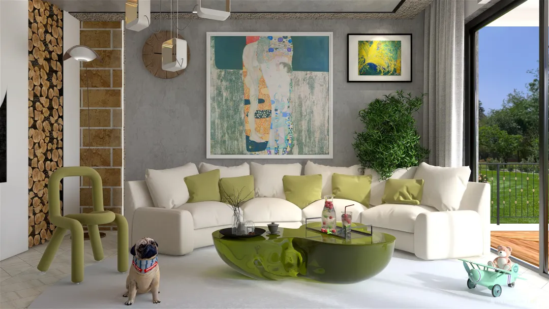 White and green living room 3d design renderings