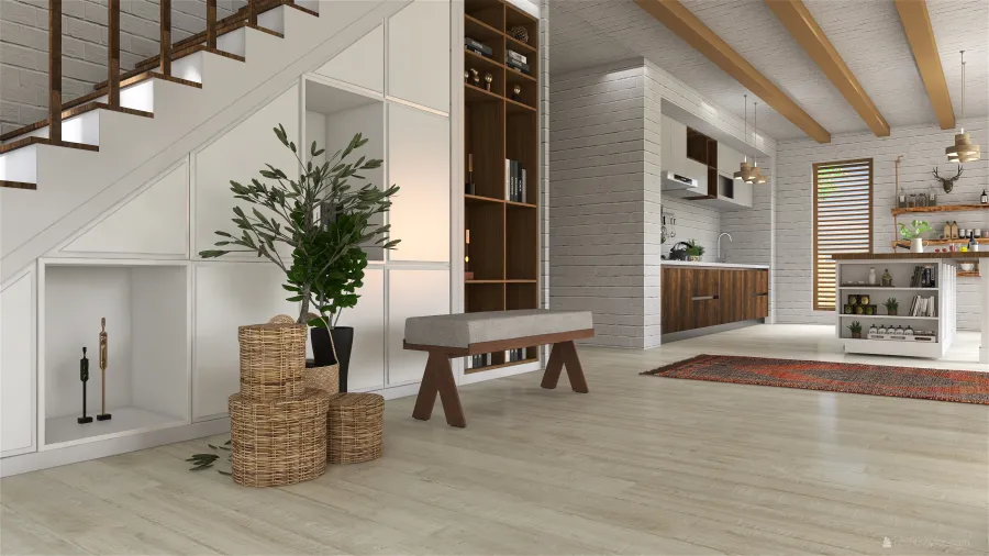 Contemporary Costal Beige WoodTones Living and Dining Room 3d design renderings