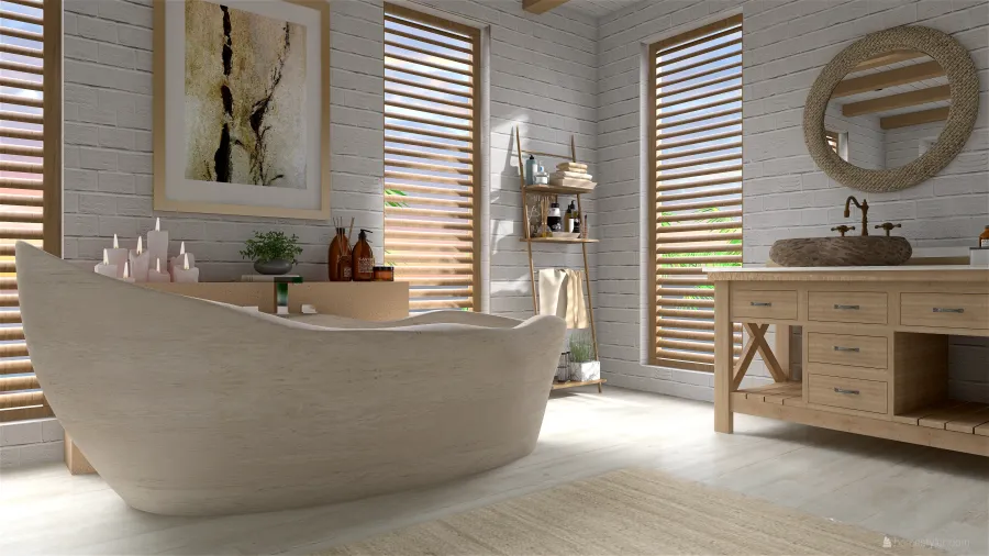 Contemporary Costal Beige WoodTones Bathroom 3d design renderings