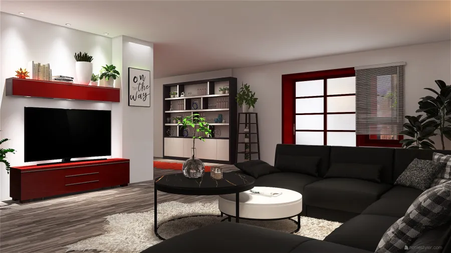 Contemporary Industrial Red Living and Dining Room 3d design renderings