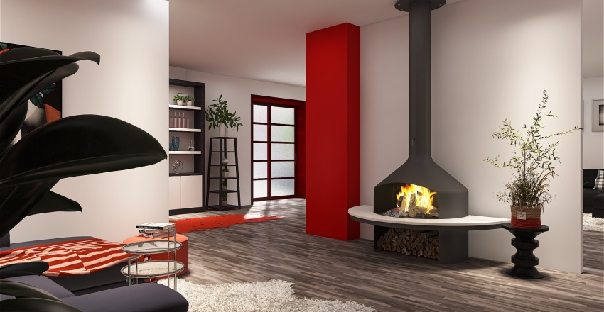 Contemporary Industrial Red Living and Dining Room 3d design renderings
