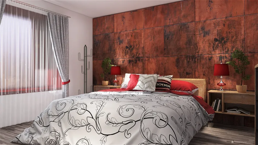 Contemporary Industrial Red Bedroom 3d design renderings