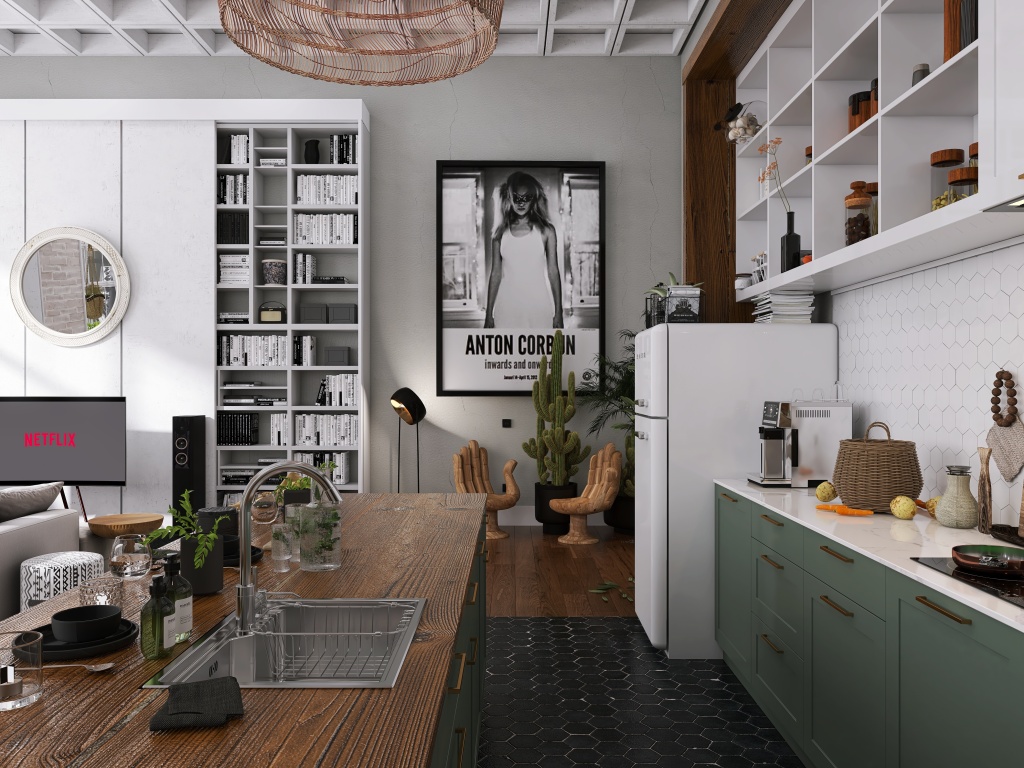Bohemian Green Beige White 2 GREAT ROOM 3d design renderings