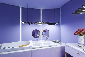 а violet and blue bedroom with a bath Design Rendering