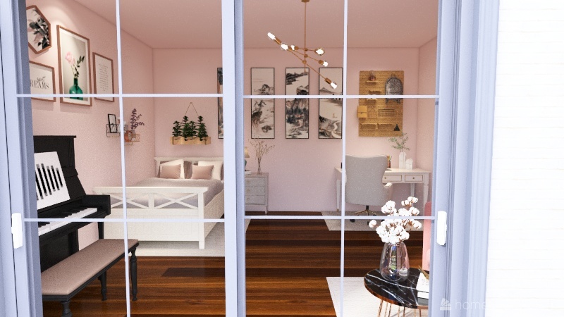 Pink Bedroom in Wabi Sabi style. 3d design renderings