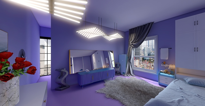 а violet and blue bedroom with a bath 3d design renderings