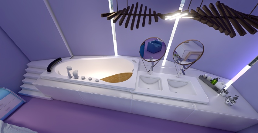 а violet and blue bedroom with a bath 3d design renderings