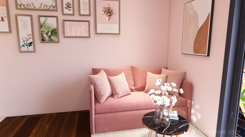 Pink Bedroom in Wabi Sabi style. 3d design renderings