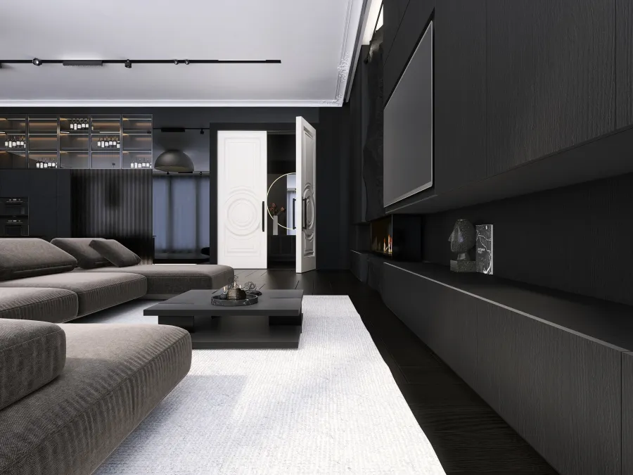 Modern Black Great Room 3d design renderings