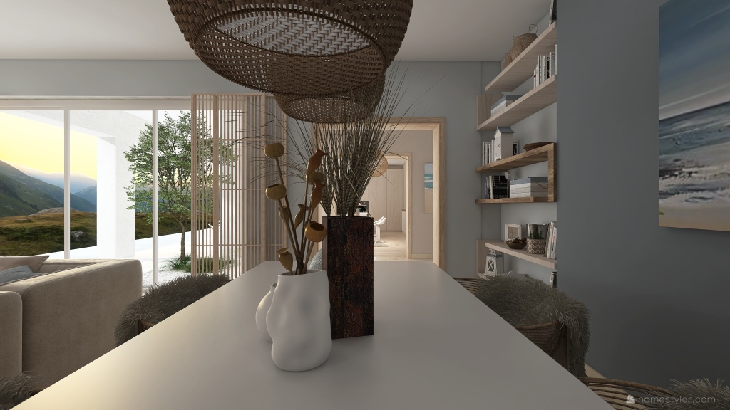 Scandinavian Blue Beige Salón comedor 3d design renderings