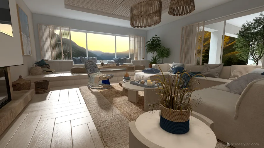 Scandinavian Blue Beige Salón comedor 3d design renderings