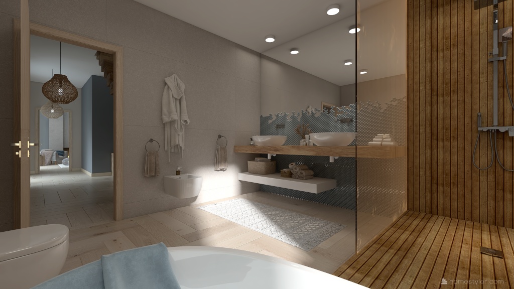 Scandinavian Blue Beige Bathroom2 3d design renderings